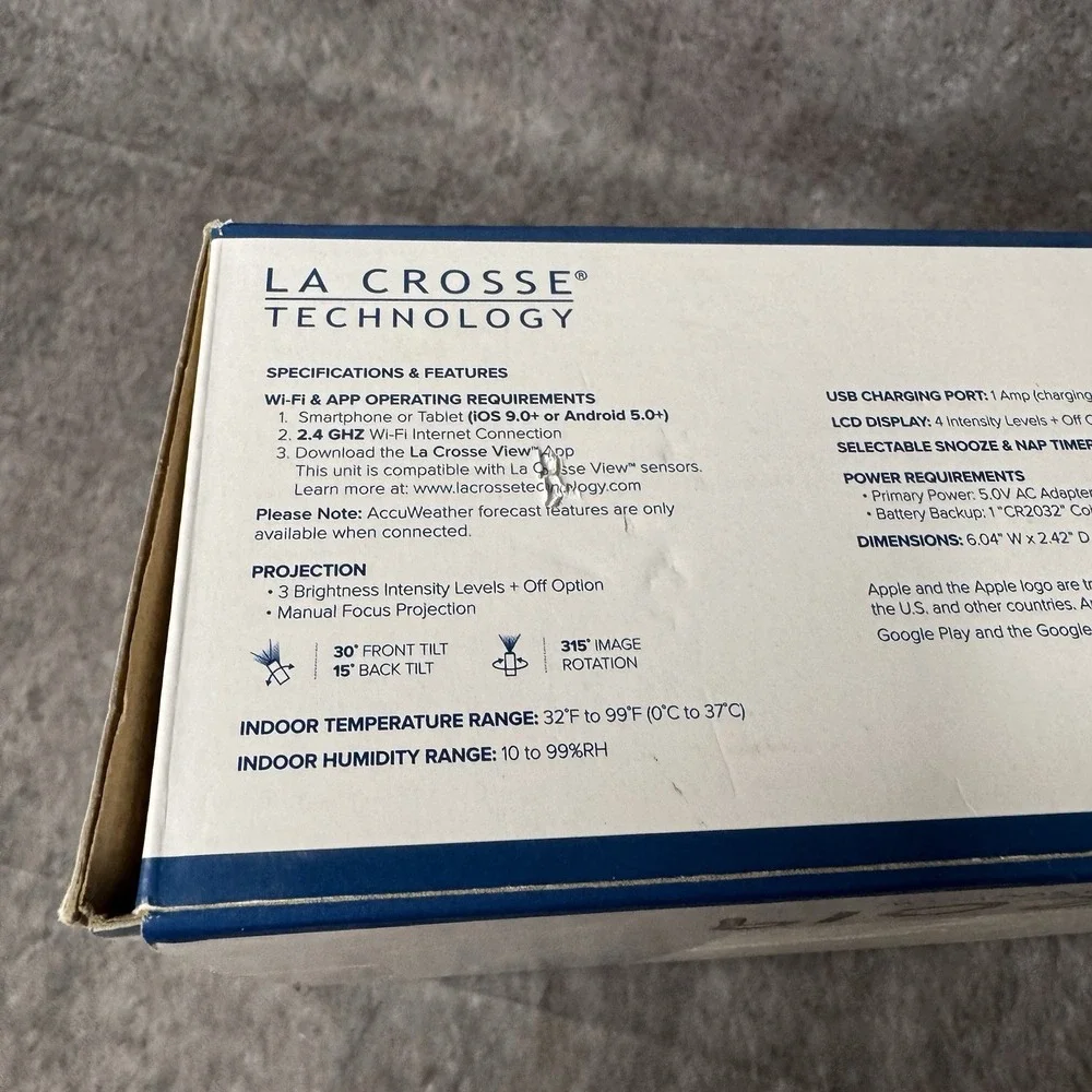 La Crosse Technology C82929 WiFi Projection Alarm Clock AccuWeather w/ Adapter